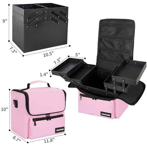 Makeup Travel Train Case, Black Makeup Carrying Organizer Bag, 4 Tier Professional Organizer Case with Straps Pockets for Make Up Tools