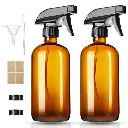 Vitreaux 2 Pack Amber Glass Spray Bottles,16oz Glass Spray Bottles Refillable Empty Containers with Adjustable Nozzle,Spray Bottle for Cleaning,Pets, Aromatherapy,Hair Mister,Squirt and Mist Setting