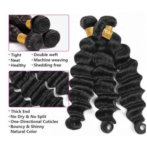 Loose Deep Wave Bundles with Closure(16 18 20+14 Inch,Free Part) Human Hair Pre Plucked with Baby Hair 12A Loose Wave Bundles and Closure Unprocessed Human Hair Deep Curly Closure with Bundles