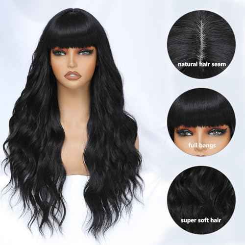 MINLEE Black Wig with Bangs for Women 26 Inch Long Wavy Wig Natural Black Hair Wigs Heat Resistant Synthetic Wig for Daily Party Use