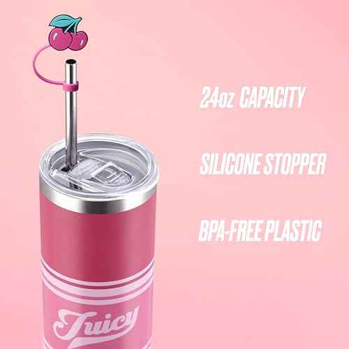 Juicy Couture Glam Slip 24oz Stainless Steel Hydration Tumbler with Straw Topper, Hot Pink Varsity