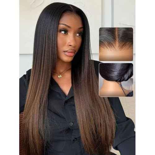 UNICE Yaki Straight 13x4 Lace Front Wigs Human Hair with Drawstring Pre Everything Glueless Frontal Human Hair Wig Pre Plucked Pre Cut Bleached Knots Chestnut Brown ombre Color 150% Density 10 inch