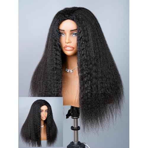ISEE 3 In 1 Half Wig Kinky Straight Glueless Wigs Human Hair Comfortable Fit No Glue Needed Wear & Go Seamless Clip In Wigs 16 Inch