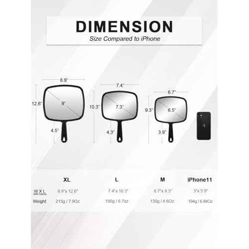 Hand Mirror, Barber Hairdressing Handheld Mirror with Handle for Salon, Square, Black, Medium,Pack of 3