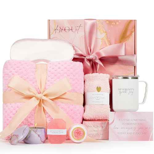 Self Care Gifts Get Well Soon Rose Relaxing Spa Gift Basket Care Package Luxury Flannel Blanket Unique Graduation Birthday Box for Her Wife Best Friend Sister Grandma Daughter Teacher