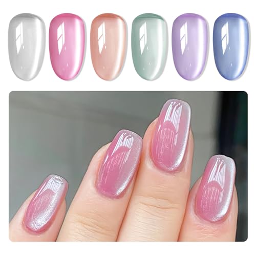 MIZHSE Cat Eye Gel Nail Polish Moonlight 6 Colors Ceramic Magnetic Gel Polish Set with Magnet Stick Crystal Silver Champagne Pink Green Blue Purple Magnetic French Gel Nail Polish Kit Gift Set