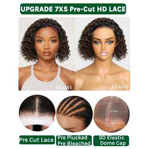 KLAIYI Ombre Brown Curly Bob Wig Human Hair Bye Bye Knots Glueless Wig Precut Lace Pre Bleached Pre Plucked 7x5Lace Front Easy to Wear Put On Go Wig with Dark Roots Side Part Balayage Brown Wig 10Inch