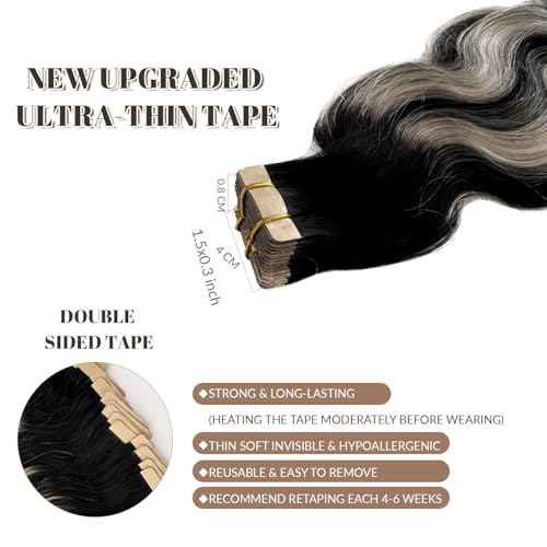 Tape in Hair Extensions Human Hair 24 Inch Body Wave Black Hair Balayage Silver Grey Highlights Hair Extensions Real Human Hair Tape ins for Black Women 20 PCS Double Sided Tape Hair Extension 50G
