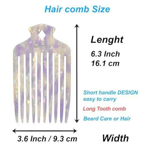 15N Professional Afro Hair Pick for Ultimate Curl Definition, Ideal for Men, Women, and Kids, Cellulose Acetate Long Tooth comb 6.3 inch(16cm)(White purple, 1 PACK)