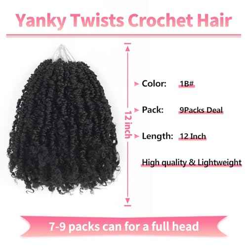 9 Packs Yanky Twist Crochet Hair 12 inch Pre-twisted Passion Twist Crochet Hair Micro Spring Twist Crochet Hair Extensions Suitable for black women.(1B, 12 Inch (Pack of 9))