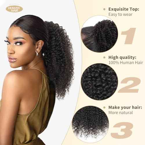 isheeny Curly Drawstring Ponytail for Black Women, 100% Human Hair Extension 14Inch Add Length & Volume in 3 Mins