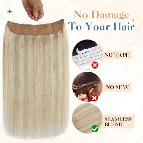 Sindra Wire Hair Extensions Human Hair Ash Blonde Highlights Bleach Blonde Fishing Line Remy Human Hair 22Inch 85g Remy Invisible Wire Extensions W22#18P613