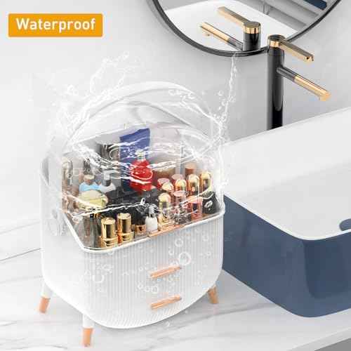 Makeup Organizer with Transparent Lid & 2 Drawers ? Large Capacity Cosmetic Skincare Storage Box for Bathroom Vanity, Countertop, Bedroom ? Portable and Dustproof, White (11"x7"x14")