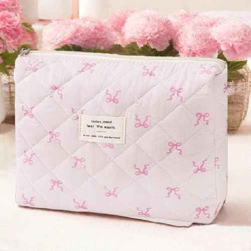 3 Pcs Quilted Makeup Bag Set,Coquette Bow Make up Bag,Cute Floral Makeup Bags Large Travel Toiletry Cosmetic Bag Organizer for Women Girls (I-3PCS)