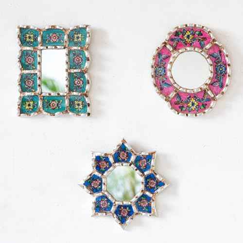 Handmade Mirrors set of 3 for Wall Decor - Silver Leaf Small Mirror Set - Turquoise, Blue, Fuchsia Accent Decor (6in)