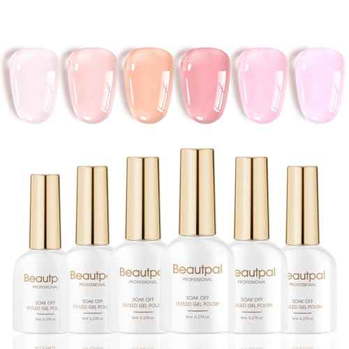 Beautpal Milky Jelly Gel Nail Polish Set of 6 Colors 8ml Nude Pink Transparent Gel Polish Sheer Nude Gel Polish Kit for Salon Gel Manicure and Nail Art DIY at Home
