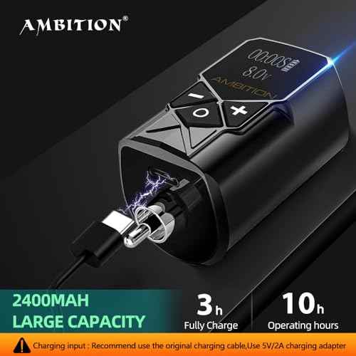 Tattoo Power Supply - Ambition Kuark Mini Wireless Portable RCA Tattoo 2400mAh Lithium Battery Pack with LED Digital Display for Rotary Tattoo Machine
