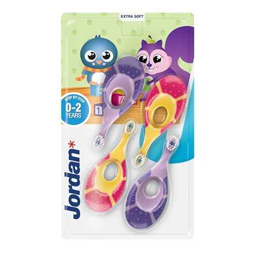 Jordan* ¢ç | Step 1 Baby Toothbrush | 0-2 Years, Soft Bristles, BPA Free | Pink & Purple | 4 Pack