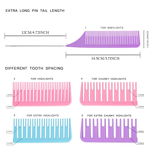 Ultimate Highlight Comb Set, 5 Sizes PEI Material, Heat Resistant Professional Balayage Comb with Extra Long Stainless Steel Needle (Purple)