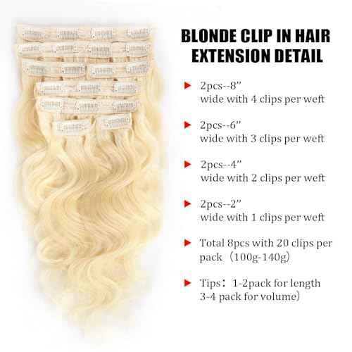 Clip in Hair Extensions Real Human Hair 28 Inch Blonde Body Wave Clip in Hair Extensions 100% Brazilian Remy Human Hair Extension for Women 8pcs 110g Per Set with 20 Clips Double Weft