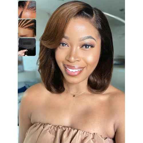 KLAIYI Ombre Brown Layered Bob Wig Human Hair Bye Bye Knots Glueless Wigs Pre Cut 7x5 Lace Front Pre Plucked Bleached Drawstring Ready to Wear and Go Wig with Dark Roots Chestnut Brown Straight 12Inch