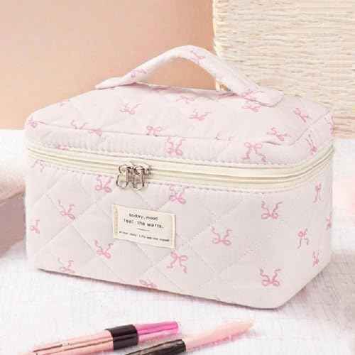 3 Pcs Quilted Makeup Bag Set,Coquette Bow Make up Bag,Cute Floral Makeup Bags Large Travel Toiletry Cosmetic Bag Organizer for Women Girls (I-3PCS)