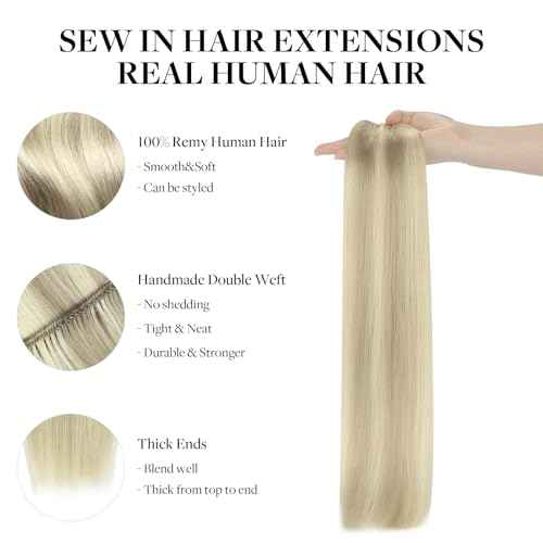DOORES Sew in Hair Extensions Real Human Hair, Ash Blonde Highlighted Platinum Blonde 22 Inch 110g Full Head Long Straight Sew in Weft