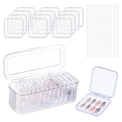 Press On Nail Orgnizer 12pcs 3.3inch Clear nail storage box and 1 large storage box for Press On Nail Packaging and fake Nail Storage Nail Display with double sided tape.