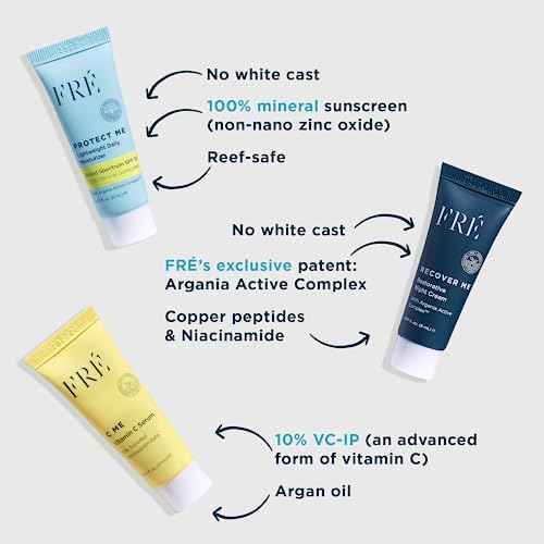 FRE DELUXE Mini Must Haves Skin Care Set with C ME, PROTECT ME & RECOVER ME- Anti Aging Vitamin C Brightening Serum, Face Moisturizer SPF 30 Travel Size Mineral Sunscreen & Restorative Night Cream