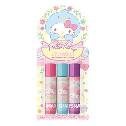 Lip Smacker Hello Kitty Lip Balm Trio, Adorable Sanrio Collectible, Moisturizing & Nourishing Fruity Flavors, Guavalicious Day, Raspberry Roll, Cherry Sweet- Blue