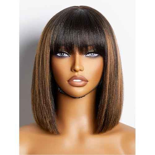 LUVME HAIR 10 Inch Yaki Straight Bob Wig with Bangs Human Hair Glueless HD Lace Bob Wig with Brown Highlights, Ready to Go Short Wigs For Women 180 Density (Breathable Cap)