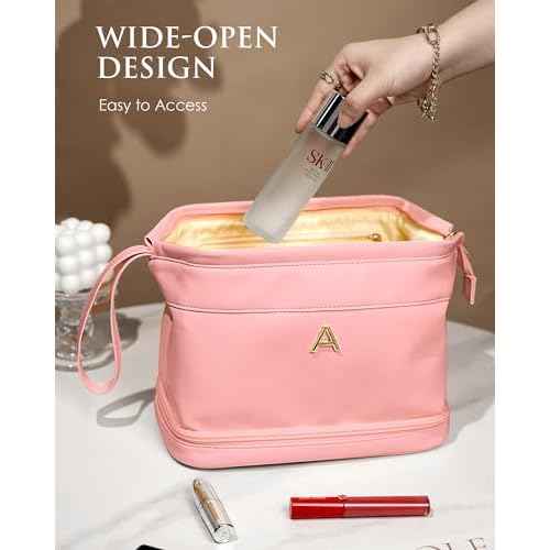 Gifts for Her Birthday-Gift Ideas for Woman Initial Large Makeup Bag, Personalized Double Layer Cosmetic Bag with Makeup Brush Organizer, Waterproof, Travel Toiletry Bag for College Girls