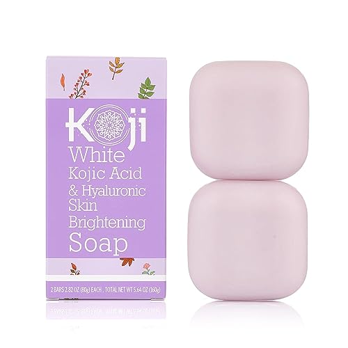 Koji White Kojic Acid & Hyaluronic Acid Skin Brightening Soap for Hydrating, Face Moisturizer, Skin Radiant, Cleansing Bar, Reduces the Appearance of Wrinkles with Vitamin E, Vegan, 2.82 Oz (2 Bars)