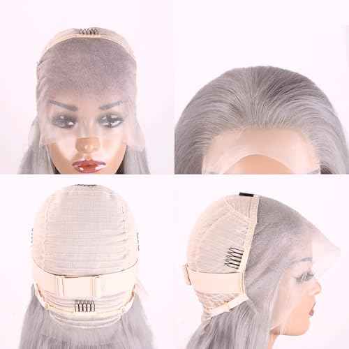 Grey Lace Front Wigs Human Hair Silver 13x4 Straight HD Transparent Lace Frontal Human Hair Wig for Woman Natural Gray Color Glueless Brazilian Virgin Human Hair Wig Pre Plucked Bleached Knot 24 Inch