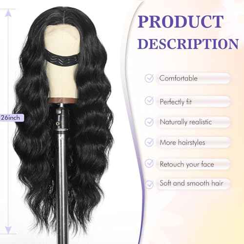 SCENTW Glueless Wigs Black Wig for Women Hand-Tied Lace Synthetic Lace Front Wig Long Wavy with Natural Hairline Middle Part Synthetic wig for Daily Party Beginners