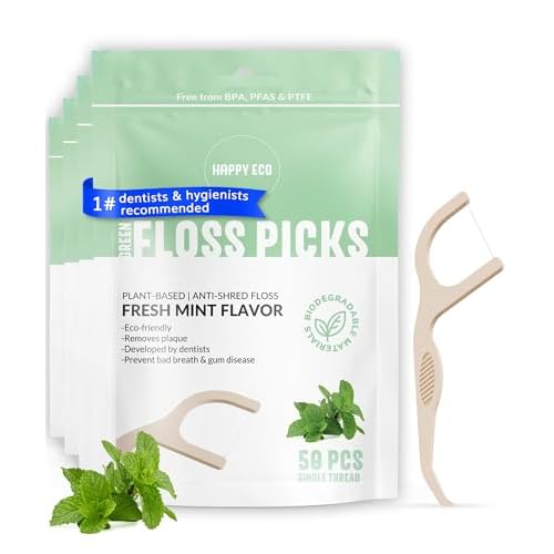 Floss Picks Biodegradable (200pcs) - Natural Dental Floss Picks, Vegan, Sustainable, Reusable, Shred Resistant and Nontoxic Plant-Based Material - Single Thread Mint