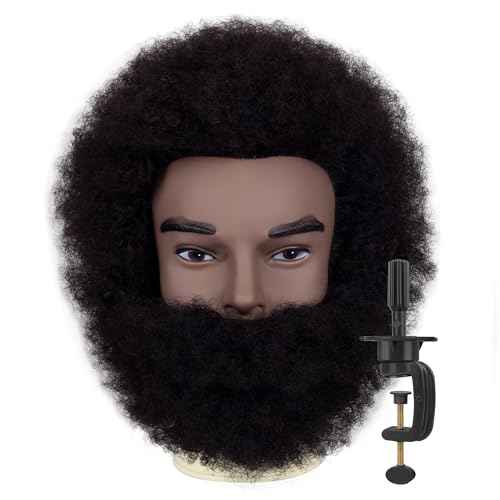 6"Afro Male Mannequin Head with Beard 100% Human Hair Curly Hair 4A Type for Hairdresser Training Head Cosmetology Afro Hair Manikin Head for Practice Styling Cornrow Braiding with Clamp Stand