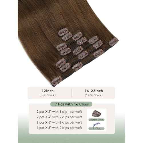 Clip in Hair Extensions Real Human Hair, Silky Straight Real Remy Human Hair Extensions Clip ins, Light Brown Clip in Extensions for Women, 14inch 120g 7Pcs, 4# Chocolate Brown