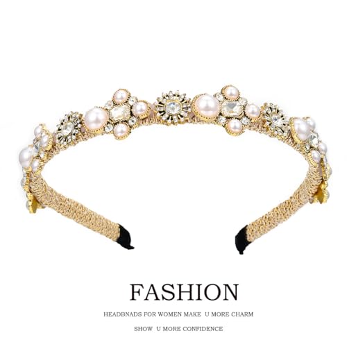 Coridy Thin Gold Headbands for Women Pearl Rhinestones Hairbands with Beaded Hair Ties Baroque Bejeweled Head Bands for Wedding Party Holiday (Charming)