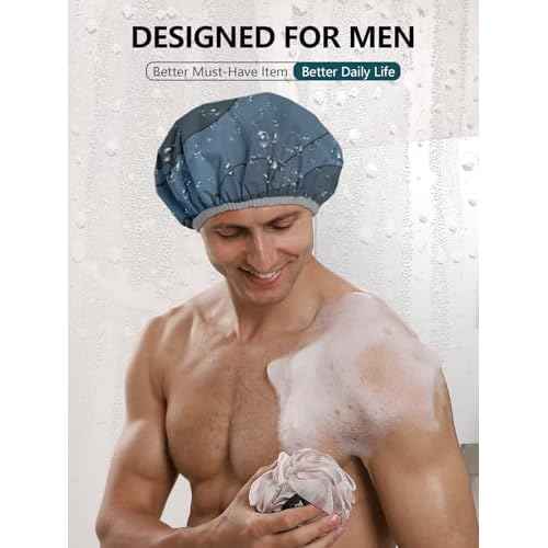 Years calm Men Shower Cap Reusable Waterproof, Dual-Layer Design, Double-Sided Use,Protects Hair in Shower, Spa, Travel & Cooking, Adjustable Elastic for Comfortable Fit (Blue Disguise, One Size)