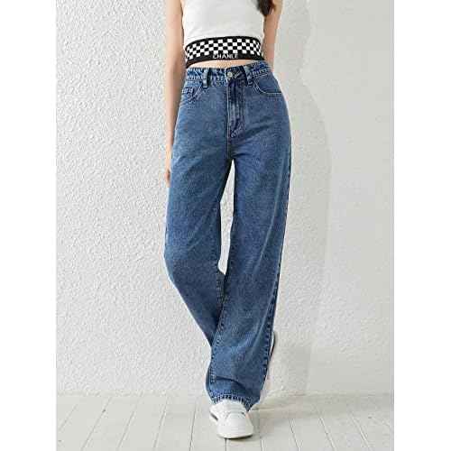 SweatyRocks Girl's Casual High Waist Solid Denim Pants Stretchy Flare Leg Jeans with Pocket