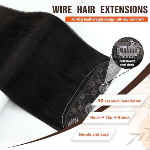 Invisible Wire Hair Extensions Real Human Hair - 18 Inch 80G Dark Brown Transparent Fish Line Clip-Ins Hair Piece, 100% Remy Human Hair Extensions for Women
