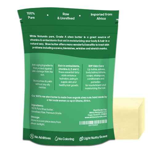 White Naturals African Shea Butter 1lb, Pure, Unrefined, Raw, Organic, Great Skin Moisturizer, Perfect for DIY Whipped Body Butter, Face Cream, Hair Mask, Lip Balm