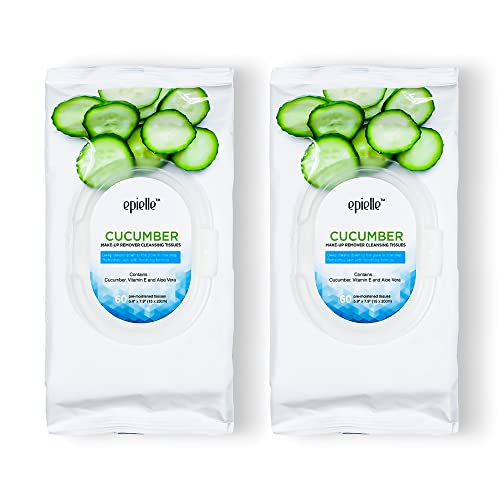 Epielle Cucumber Makeup Remover Wipes | 60 Count, 2 Pack | Gentle Cleansing Towelettes | Beauty Gift, Spa Day, Gift Set | Korean Skincare