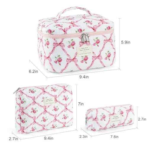 Makeup Bag for Women 3PCS Quilted Cotton Make Up Bag Travel Cosmetic Bag Large Makeup Bag Set Cute Bow Makeups Organizer Floral Toiletry Pouch for Purse, Pink