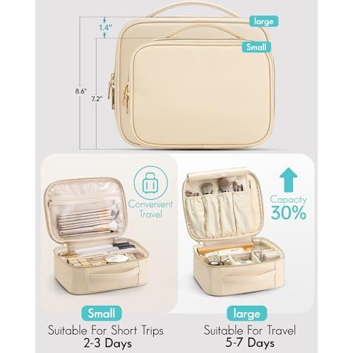 Vlando Travel Makeup Bag,Portable Cosmetic Bag Makeup Case Organizer, Makeup Bag with Adjustable Dividers for Women,Girls,Wedding,Cosmetic Brushes,Toiletry,Gifts,Anniversary-Beige