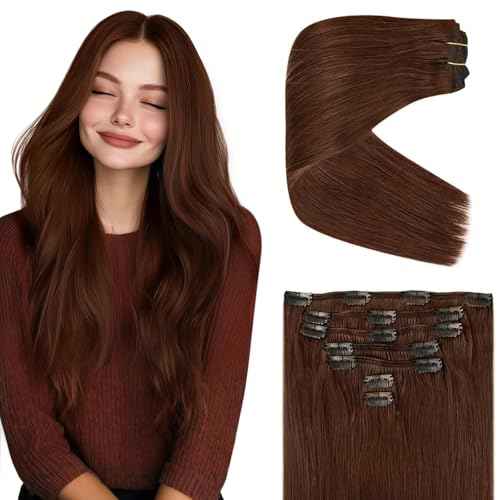 Ve Sunny Clip in Hair Extensions Real Human Hair Auburn Clip in Extensions Human Hair Easy Installation Auburn Clip in Human Hair Extensions for Women Daily Wear 120g 18inch