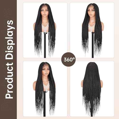 Box Braided Wig Full Double Lace Glueless Braids Wig with Baby Hair Human Hair Blended Synthetic Black Braided Wig for Black Women (1B, 30 Inch)