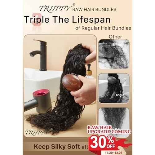 TRIIPPY Water Wave Bundles Human Hair,Curly Single Bundle by 100% Raw Cambodian Human Hair,Triple The Lifespan Over Regular Virgin Hair Bundle,No.1 Raw Hair Brand On Amazon(16 Inch,Natural Color)