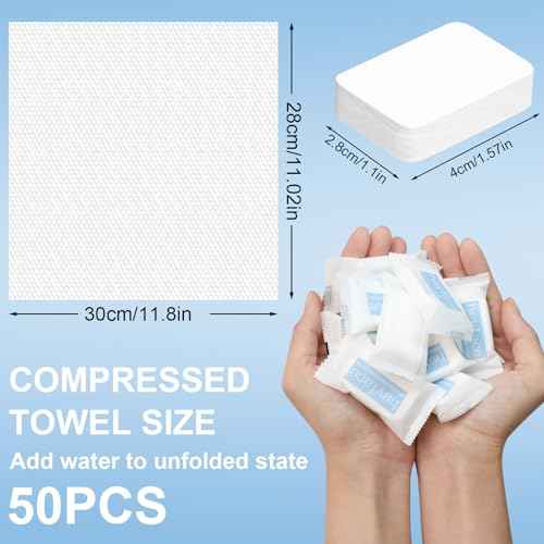 Compressed Towels Tablets 11.8¡±x11¡± (50 Count), Portable Compressed Disposable Washcloths for Travel, Soft Compressed Face Towel for Facial Daily Wash & Outdoor Activities Clean, Single Use